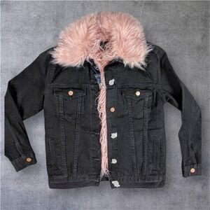 Shaci Fur Jacket Size Medium Black Jean Jacket Pink Faux Fur